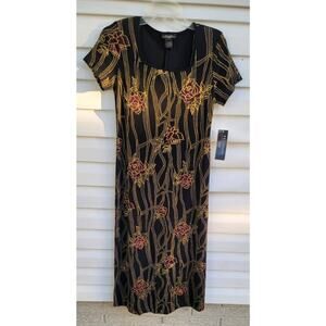 New T & Company Black Floral Short Sleeve Midi Sheath Dress Size 8P Lovely $86